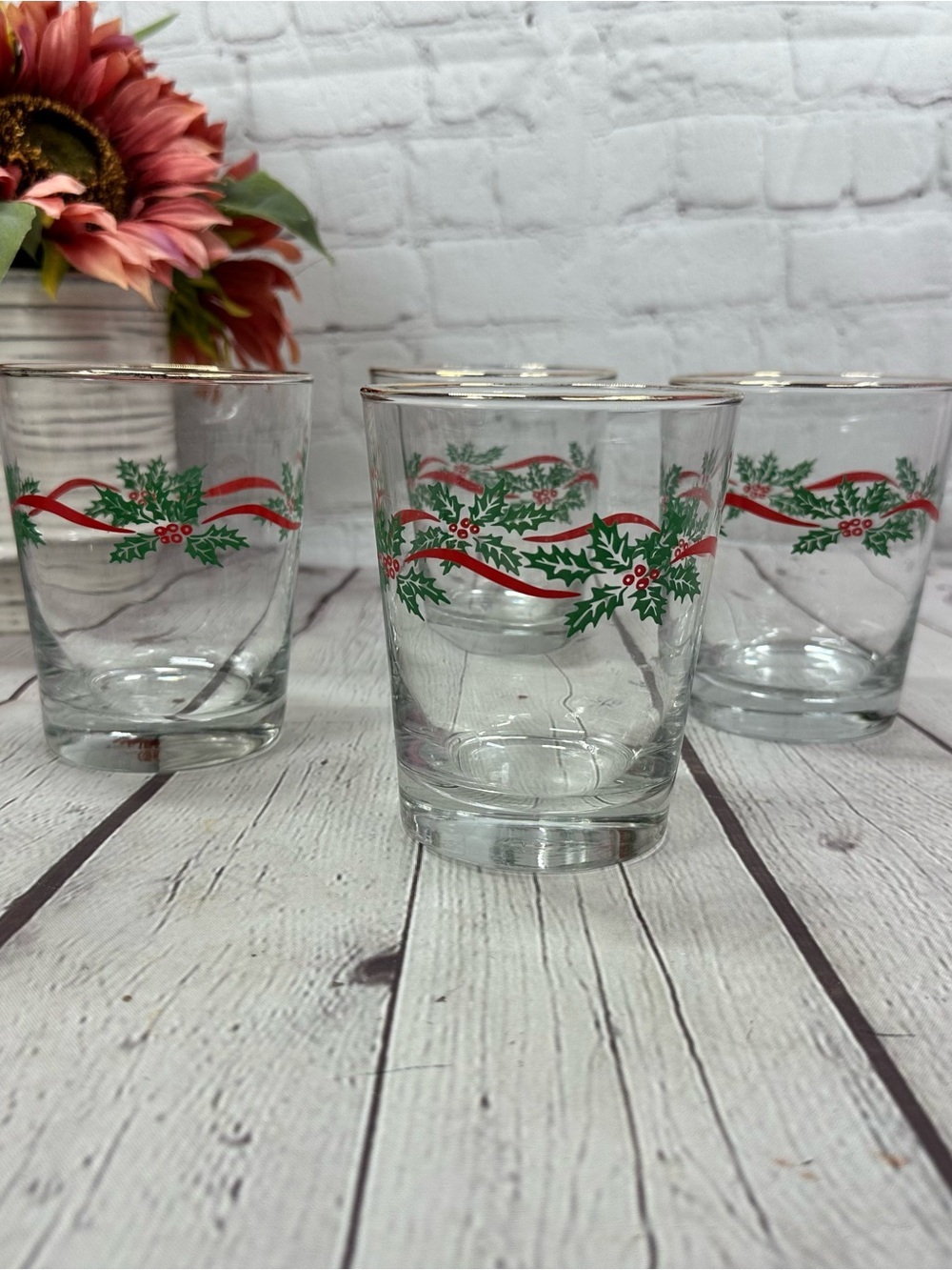 vtg LRS30 by Libbey 4pc 14 Oz Flat Tumbler Green Holly Red Ribbon holiday retro
